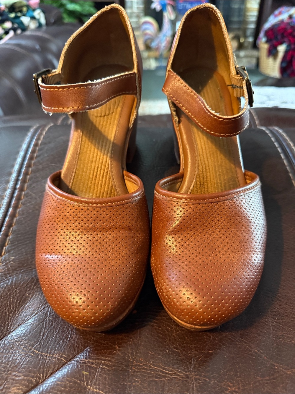 boc Cognac Perforated Mary Jane Heels with Ankle Strap